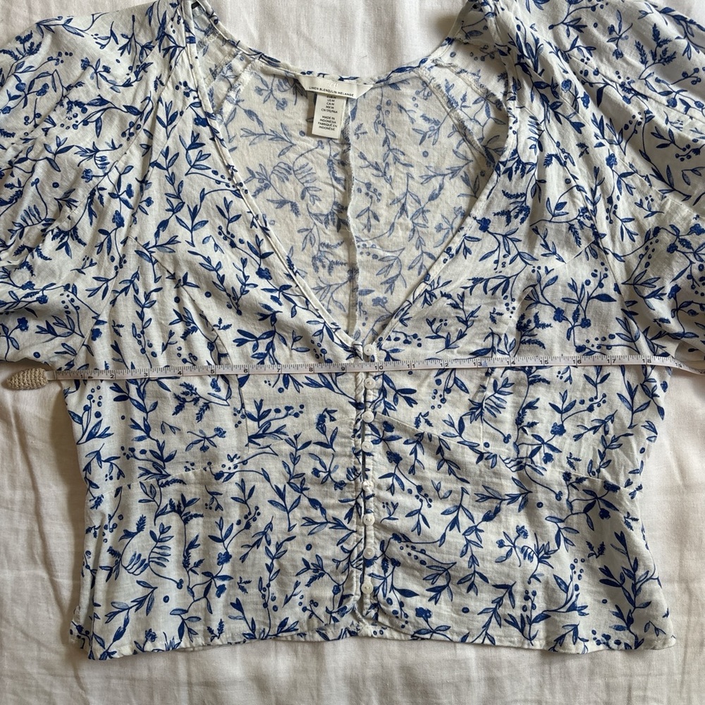 H&M Blue Floral Linen-Blend Puff Sleeve Blouse Size Med Cottagecore - Picture 6 of 7